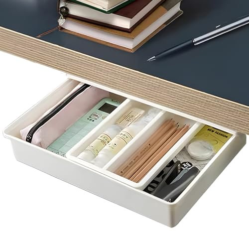 Cajón Bajo Escritorio, Cajones de Almacenamiento de Plástico Oculto, Cajon Extraible Mueble Cocinacaja de Almacenamiento Oculto Adhesiva para El Hogar y La Oficina - 35,5 * 27 * 8,5 Cm (Blanco)