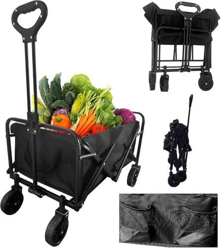 EVGTTI Bollerwagen Faltbar 150L, Faltbarer Bollerwagen Klappbar Angelwagen, Strandwagen, Alle Gelände Transportwagen mit Seitentaschen Getränkehalter Verstellbarem Griff, 150 kg Tragkraft, Schwarz