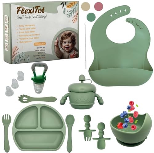 FlexiTot | Juego Vajilla para Bebe de Silicona – Set Vajilla bebe BLW Completo con Platos y Cubiertos | Vajilla Infantil de Aprendizaje | Plato con compartimentos | +6 Meses | Chupete Fruta | Verde