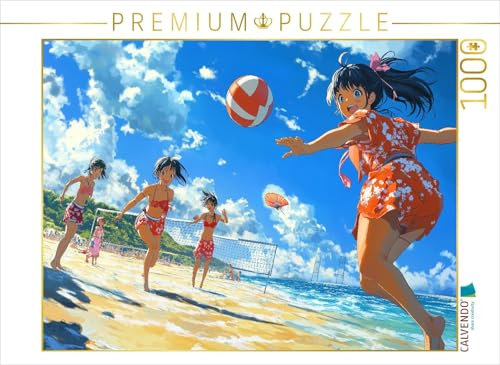 CALVENDO Puzzle Anime Volleyball Girls – Kawaii Manga-Szene am Strand in leuchtenden Farben | 1000 Teile Lege-Größe 64 x 48 cm Foto-Puzzle für glückliche Stunden
