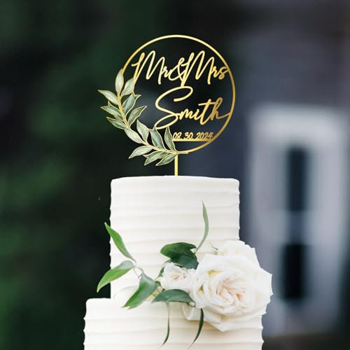 Party to Be Mr und Mrs Hochzeit Cake Topper mit grünen Blättern Personalisiert Name und Daten Custom runde Rahmen Kuchen Dekoration aus Acryl und Holz