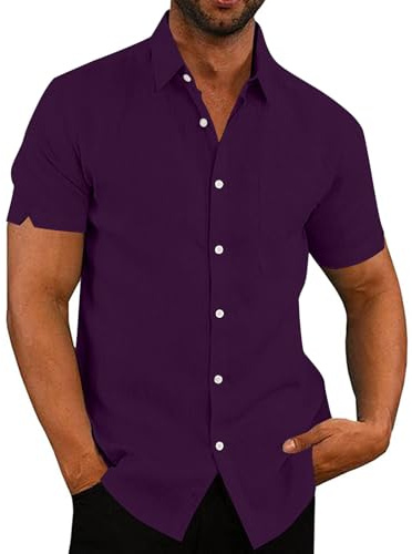 Rodawu Mens Short Sleeve Shirts Casual Linen Cotton Summer Shirt | Breathable Lightweight Linen Cotton Fabric,Regular Fit,Chest Pocket,Solid Color for Beach Holiday&Daily Wear