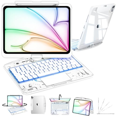 CNAIDUNR Klare iPad-Tastaturhülle für iPad Pro 11 Zoll M4/M5 2024/2025 | iPad-Tastaturhülle mit RGB-Hintergrundbeleuchtung, um 360° drehbares Trackpad, integrierter Stylus-Schlitz für iPad Pro 11