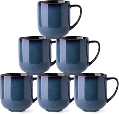 LeRatio Stoneware Coffee Mugs Set of 6, 350 ml Coffee Cups with Large Handle for Latte, Cappuccino, Milk,Cocoa, Dishwasher Safe Mug Sets,Space Blue