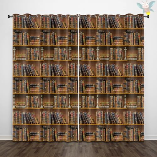 ZZTBQ Vintage Bücherregal Vorhang Verdunkelung Blickdicht Gardinen Bibliothek2er Set H 215 x B 110 cm Wohnzimmer Lärmschutz Thermogardine mit Ösen Altes Bücherregal Dicke Thermogardine
