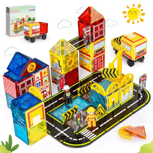HarworLife Magnetic Tiles Road Set with Fire Truck & 2 Cranes