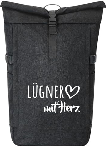 Huuraa Kurierrucksack Lügner mit Herz 30-44 Liter Black Melange Fairtrade Rolltop Rucksack Geschenkidee