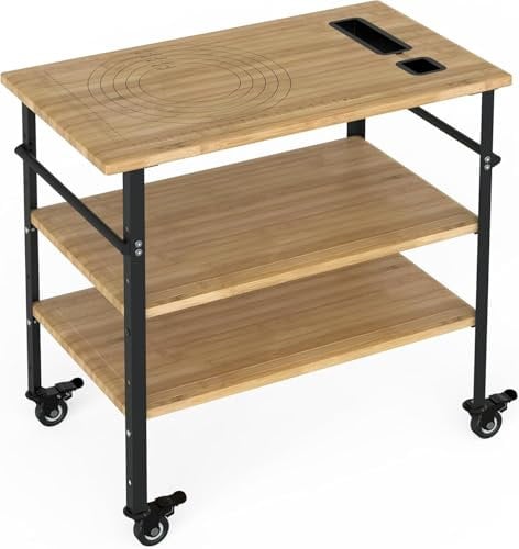 Pizza Oven Table 33x20x35.5, Outdoor Grill with 4 Wheels, Three-Shelf Bamboo Wood Bar Cart Dining Prep Food Prep & BBQ Grill Table, Wood Color