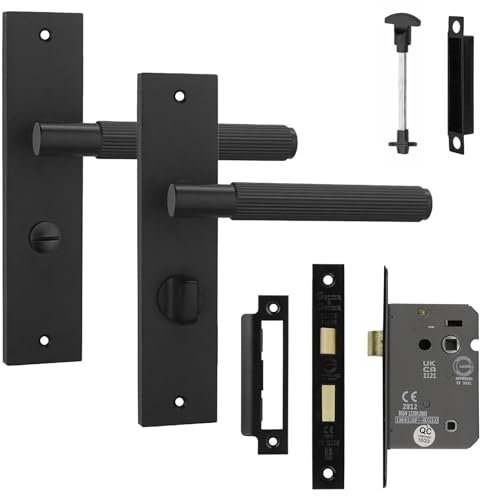 Decoranddecor Hera Matt Black Lever On Backplate Knurled Door Handles with Bathroom Thumb-Turn and 2.5in Fire-Rated Internal Lock Mechanism – Secure Internal Door Hardware Set