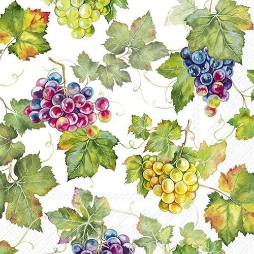 20 Servietten Herbst Weintrauben an grünen Blättern als Tischdeko. Papierservietten mit Motiv. Auch für Decoupage und Serviettentechnik 33x33cm