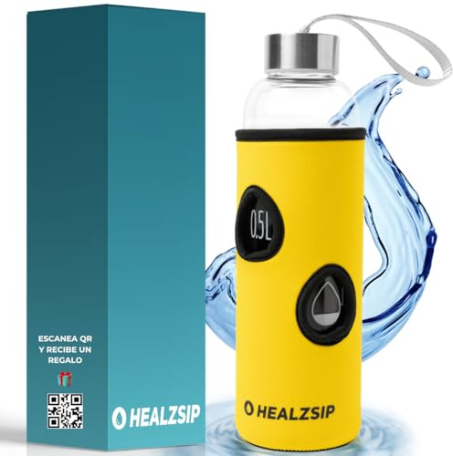 Botella Agua Cristal 0,5 Litro + Funda Neopreno + Guía + Calculadora | Botella Vidrio Borosilicato con Medición | Reutilizable y Apta para Lavaplatos | Glass Water Bottle | Ideal para Casa y Oficina