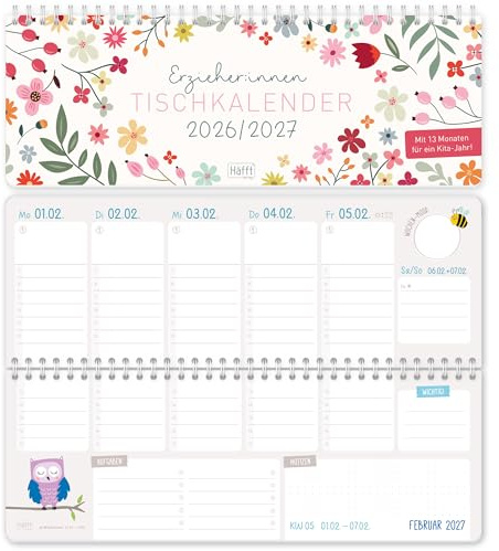 Häfft® Tischkalender Erzieher & Erzieherinnen 2026/2027 Wild Flower | Wochenkalender für Kindergarten & Kita, Kita-Planer im Querformat mit Ringbindung, 13 Monate Laufzeit von Aug. 26 - Aug. 27