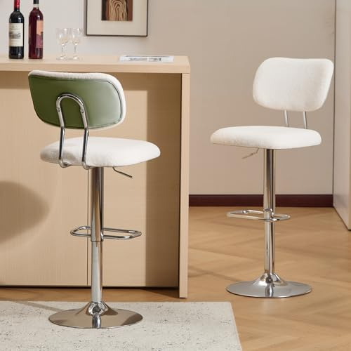 Ckaff Barhocker 2er Set, Barstuhl Höhenverstellbar aus Bouclé-Stoff, 360°Drehstuhl Küchenstuhl mit Rückenlehne und Fußstütze für Küche, Bar, Esszimmer, Grün