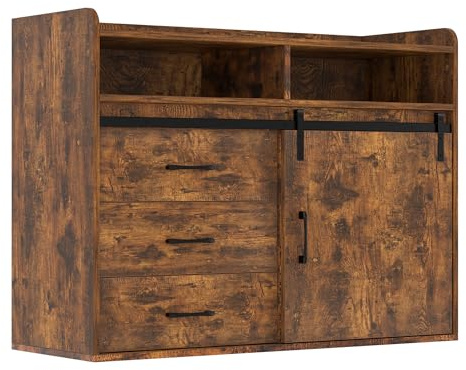 HOMAVO Sideboard HG1-S, 107x80x40cm, 1 Schiebetüren, 3 Schubladen, 3 Fächer, für Esszimmer, Schlafzimmer, Home-Office (Vintage Braun, 107 x 80 x 40)