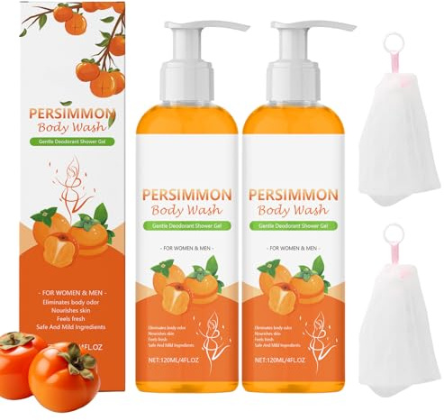 2 PCS Persimmon Body Wash with Foaming Net Natural Persimmon Shower Gel for Body Odor Control Deeply Cleansing and Moisturizing (120ml*2)