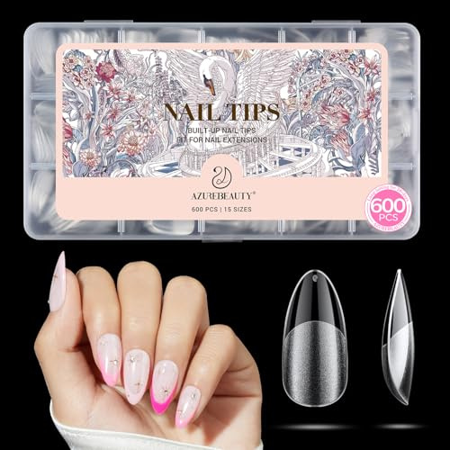 AZUREBEAUTY Medium Almond Nail Tips, 600Pcs Soft Nail Tips for Gel Extensions Half Matte Full Cover Clear Acrylic Gel Kit False Press on Nails Manicure Salon DIY at Home Nail Art 15 Sizes