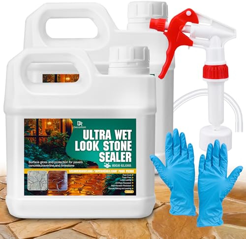 Wet Look Stone Sealer - 2L Concrete Sealer & Paver Sealer with High Gloss Finish, Stain Proof, Water Resistant & Long-Lasting Durable Protection for Driveways, Slate, Sandstone, Travertine