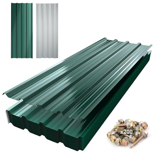 TEOV 12 Stück Trapezblech Dachplatten 115x45CM mit 200 Schraube, Verzinkt Metall Dachplatten Wellblechplatten, Grün 0,25mm Dachblech Rostresistent Wetterfest für Dächer Carports Geräteschuppen