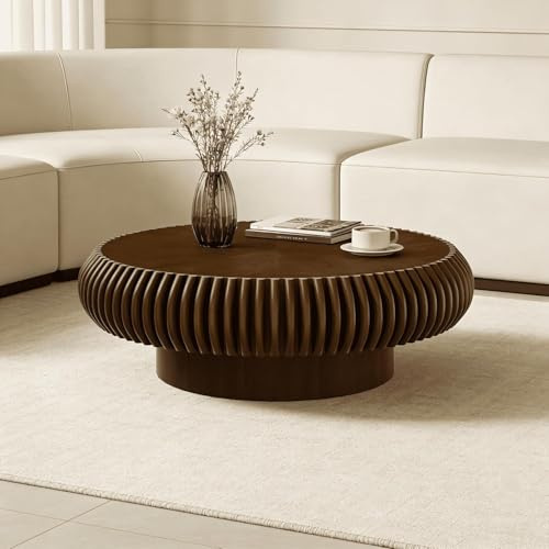 RZTPYS Moderner runder trommelförmiger Couchtisch, Walnut 80cm | Holzerne runde gerillte Couchtische, luxuriöser runder Mittelcouchtisch & Akzent-Couchtisch für Wohnzimmer, Wohnung, Büro
