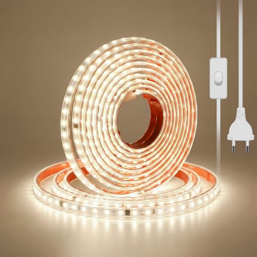 Hmuaog Ruban LED Adhésif 220V, Bandeau LED Autocollant 120 LEDs/m, Haute Densité avec Interrupteur, Bande Lumineuse Étanche IP67 pour Miroir, Placard et Cuisine (Blanc, 2 m)