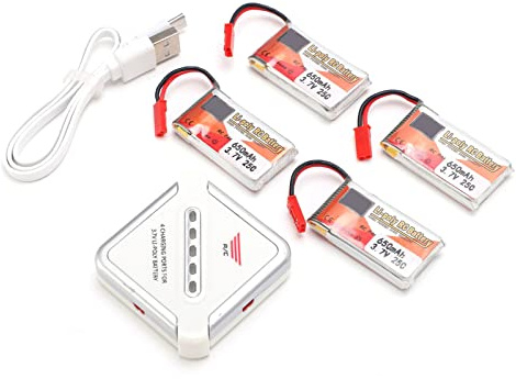 Rechargeable Lipo Battery Pack, 3.7V 650mAh with JST Plug & Balance Charger for RC Cars, Trucks, Helicopters, Drones