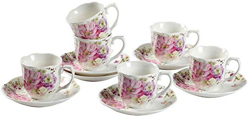 GuangYang GY Teeservice aus Knochenporzellan, Teetassen und Untertassen mit rosa Blumenmuster, Porzellantassen für Mokka, Cappuccino, Tee und Kaffee, 12-teilig
