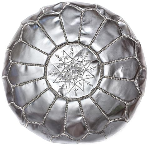 ALMADIH Pouf Sitzkissen Silber aus Metallic Kunstleder mit formstabiler Füllung - 100% traditionelle Handarbeit – Sitzsack Ottoman marokkanische orientalische Lederkissen Bodenkissen (Pouf Silber)