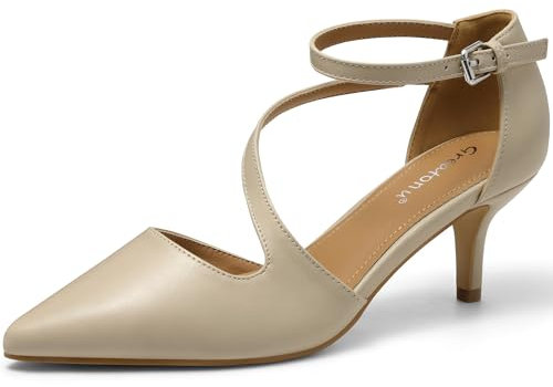 Greatonu Womens Court Shoes D'Orsay Ankle Strap Low Kitten Heel Dress Pumps Wedding Bridal Beige UK 6
