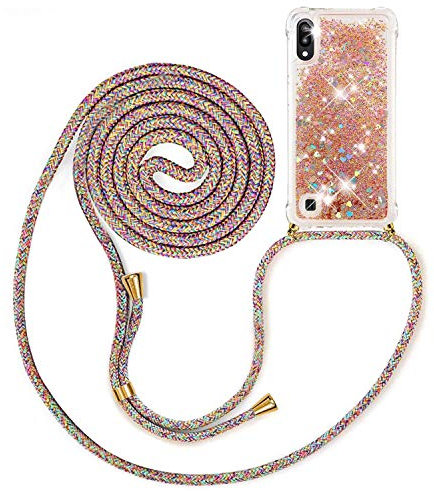 HongMan Collier Coque pour Samsung Galaxy A10 / M10 - Mode Tour de Cou Telephone Étui Paillettes Quicksands Liquide Glitter Cover, Housse pour Smartphone Lanyard Transparente Case