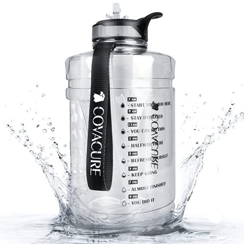 COVACURE Trinkflasche Sport - 2.2 L / 3.78 L Wasserflasche, Groß Sportflasche, BPA Frei, Auslaufsicher, für Fitness, Gym, Heim, Büro, Outdoor (Blau&Transparent) (2.2 L, Transparent mit Strohhalm)