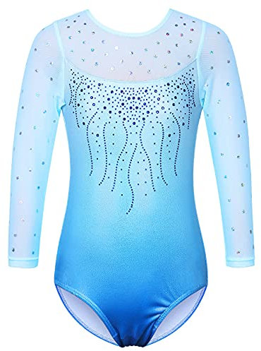 ZNYUNE Gymnastikanzug für Mädchen, langärmelig, ärmellos, bunt, glitzernd, athletischer Ballett-Tanzanzug für Kinder von 3–12 Jahren, Blau mit Farbverlauf, 12 A