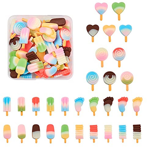 PandaHall 60 Stück Eiscreme-Anhänger aus Kunstharz, 6 Stile, Eis-Saugnapf, Herz, Lollipop-Form, Charms, Perlen, Nachahmung, Lebensmittel, lose Zwischenperlen für DIY Ohrringherstellung