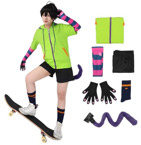 C-ZOFEK US Size Damen SK8 The Infinity Chinen Miya Cosplay Kostüm Grün Hoodie Sweatshirt Outfit mit Schwanz und Handschuhen für Halloween Alltag (Medium)