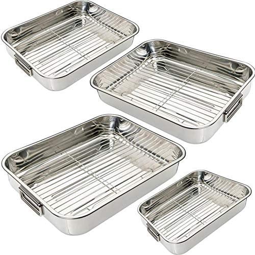 Stainless Steel Roasting Trays Oven Pan Dish Meat Baking Roaster Tin Tray Removable Grill Rack Foldable Handles Easy to Use (Large: 37.5 x 28 x 6cm)