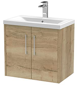 Hudson Reed JNU1823A Juno Modern Bathroom Wall Hung 2-Door Vanity with Mid-Edge Ceramic Basin, 600mm, Woodgrain Autumn Oak