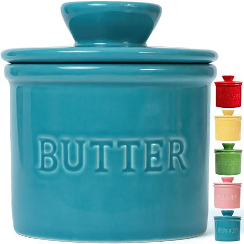 PriorityChef Buttertopf mit Deckel, auf Anfrage, streichbare Butter, französischer Butterbehälter zum Verlassen auf der Theke mit Wasserlinie, französische Butterdose aus Keramik, Türkis