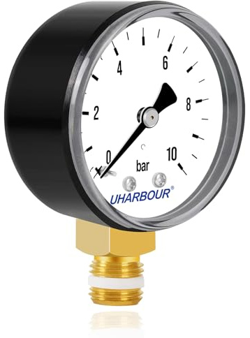 UHARBOUR Pressure Gauge Water 0-10 Bar, Pressure Gauge 1/4 Inch, Compressed Air Lower Bracket, Compressed Air 1/4 BSP Brass Connection