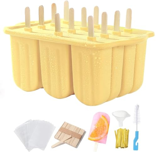 Popsicles Molds Set, 12 Cavity Homemade Maker Ice Pop Mold, Silicone Freezer Molds with 50 Popsicle Sticks 50 Popsicle Bags 50 Ties Funnel Recipes and Brush (Yellow)