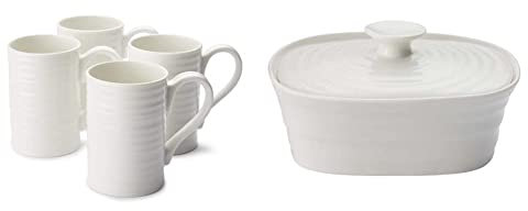 Portmeirion Sophie Conran Tall Mug, Porcelain, White, 11.5 x 7.3 x 11 cm, Set of 4 & Home & Gifts Covered Butter Dish, Porcelain, White, 12 x 15.5 x 6 cm