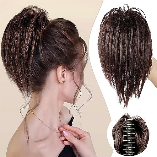 Colorfulpanda Pferdeschwanz mit Klammer Glatt Kurz Clip in Claw Haargummi Haarteil Ponytail Natürliches Kunsthaar Haar Haarverlängerunge Unordentlich Dutt braun für Damen Mädchen,26cm