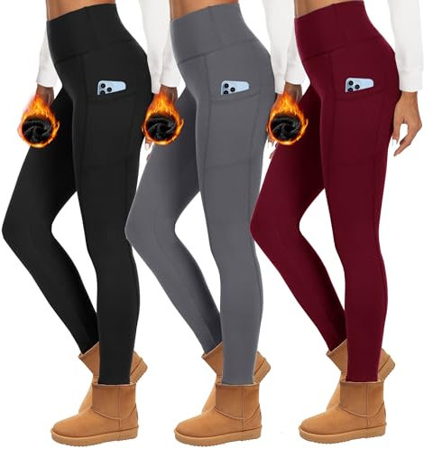 HIPOWER 3er Pack Thermoleggings Damen Mit Taschen Leggings Gefüttert Winter High Waist Fleece Warme Leggins Blickdicht Schwarz Sport Thermounterwäsche Laufhose Yogapants(A-Schwarz+Grau+Weinrot,S-M)