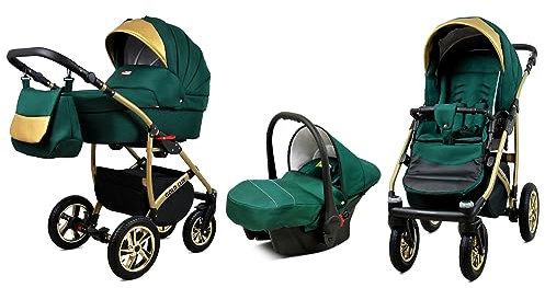 BabyLux® Bambimo Kinderwagen Set 3 in 1 - Gold Lux - incl. Babywanne, Buggy Sportsitz, Auto-Babyschale - Autositz - Kinderwagenset - Kombikinderwagen mit Wickeltasche, Regenschutz usw.
