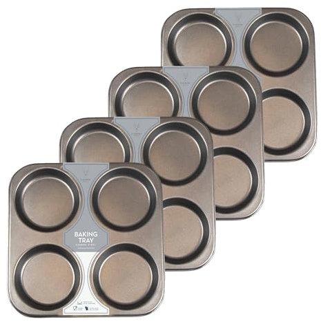 Caribou Living Yorkshire Pudding Large 4 Hole Tray Non Stick Carbon Steel Grey Tin Baking Tart Bun Sunday Roast Big Yorkshire Puddings - 4 Trays