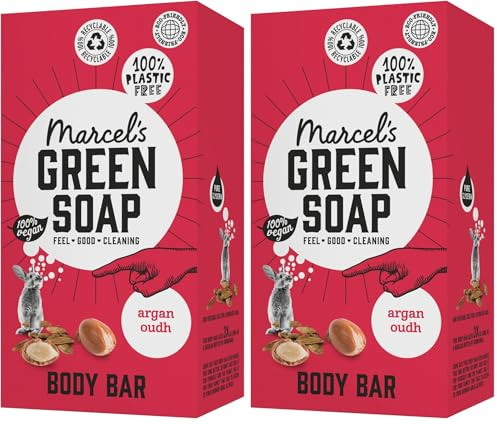 Marcel's Green Soap - Dusch Bar Argan & Oudh - Dusch Seife - 100% Umweltfreundlich - 100% Vegan - 97% Biologisch abbaubar - 150 gr (Packung mit 2)