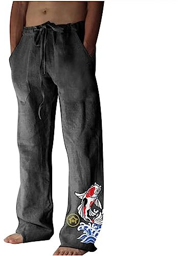 Cotton Linen Pants for Men Fish Print Casual Loose Fit Baggy Hippie Retro Classic Lightweight Yoga Trousers