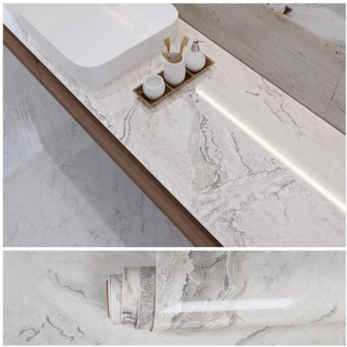 VEELIKE Marmor Tapete Silber Beige Klebefolie Marmoroptik Hochglanz Möbelfolie Marmor Folie für Arbeitsplatte Küche Badezimmer 40 cm × 300 cm Selbstklebende Tapete Badezimmer Wasserfest Abnehmbare