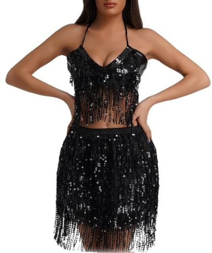 Damen Bauchtanz Kostüm 2 Teiler Set Glitzer Glänzendes Festival Nachtclub Kostüm Tanzkleidung Pole Dance Outfits Zweiteiler Sexy Quaste Pailletten BH Oberteil + Hüfttuch Rock/Shorts