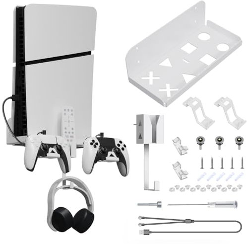 Support mural fin pour PS5 avec câble de charge magnétique 2 en 1 pour Playstation 5 Disque/Digital Edition, PS5 Slim Support de rangement mural avec support de manette amovible et support pour casque