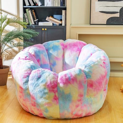 LinkRomat Riesiger Sitzsack für Erwachsene mit Füllstoff, 106,7 cm, Memory-Schaum, Sitzsack mit Blumen-Armlehne, Kunstfell, bequeme Lesestühle für Erwachsene, Schlafzimmer, Wohnzimmer, bunt