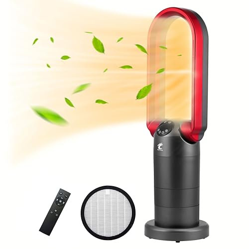 OceanLoong Purifier Hot and Cool Bladeless Tower Fan Heater with Remote - Timer - Oscillation - Energy Efficient & Adjustable Thermostat for Home Bedroom - 29” - AB01H Red